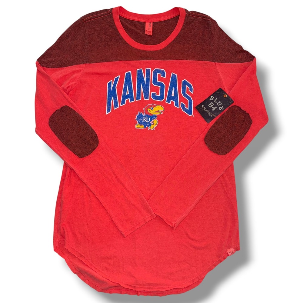 NWT Kansas Jayhawks T-Shirt Women M Red Long Sleeve Colorblock Elbow Patch
